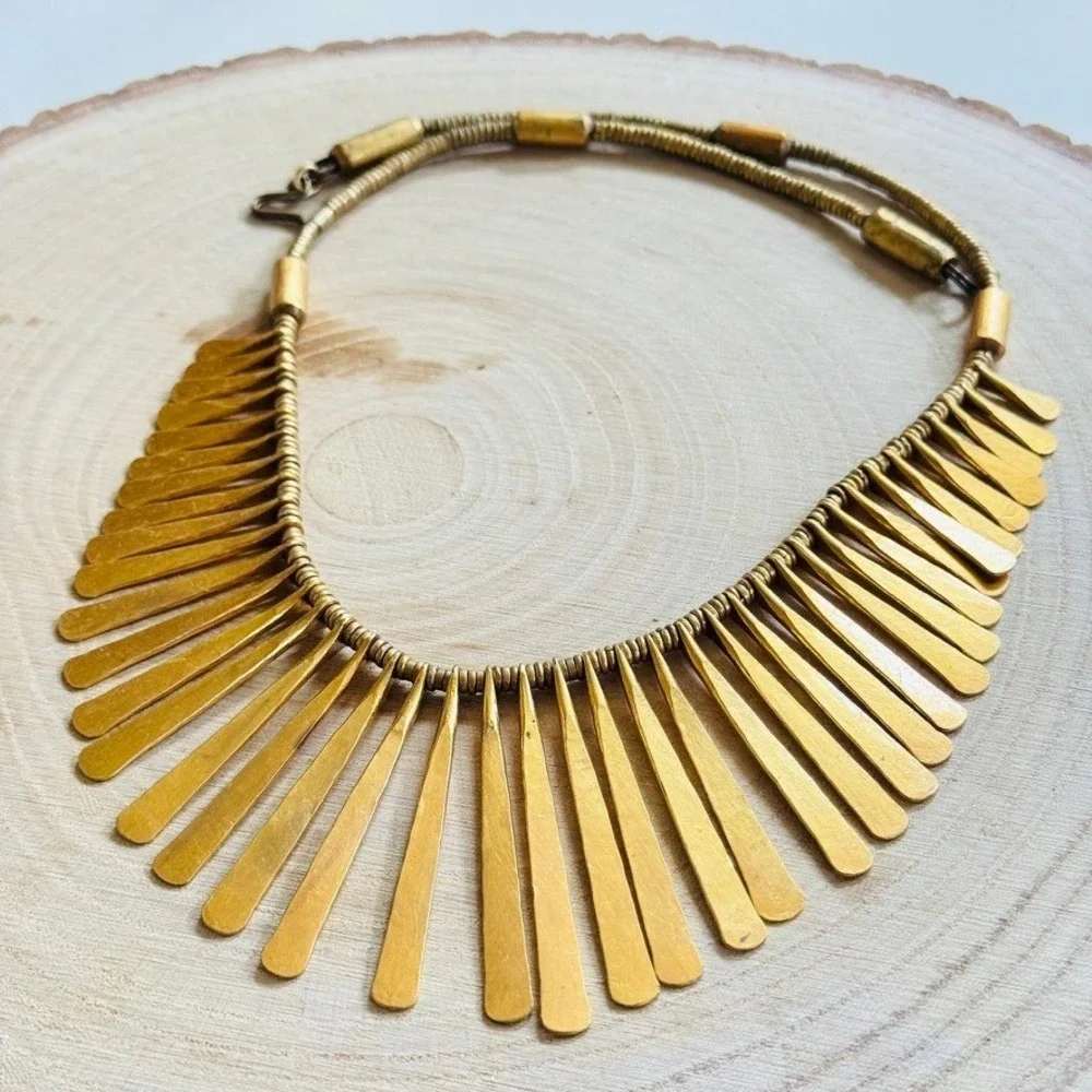 VTG‎ Regal Collar Textured necklace Egyptian Style Runway Statement Brass chunky